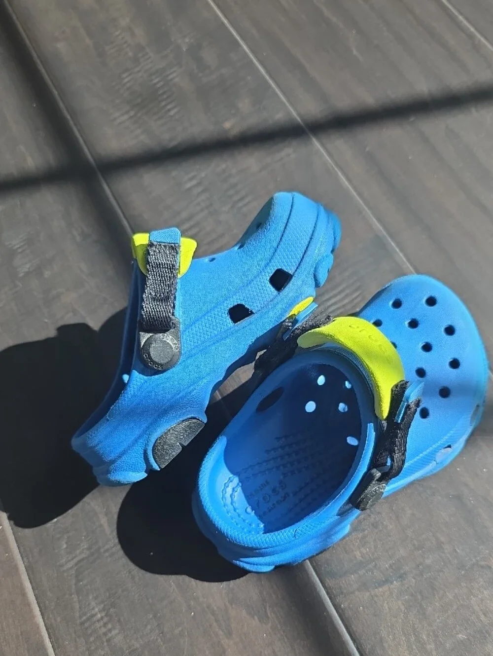 CROCS Blue Clog Sandals with Yellow Heel Strap